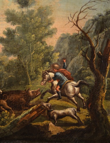 XVIIIe siècle - Maitre Piémontaise 18e siècle, scène de chasse /Le repos des bergers