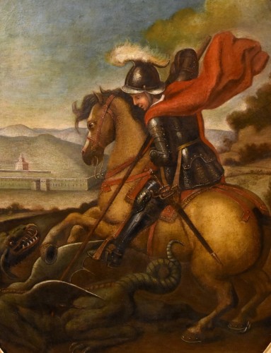 St. George Defeats The Dragon, Follower of Raphael Sanzio (Urbino - Paintings & Drawings Style Louis XIV