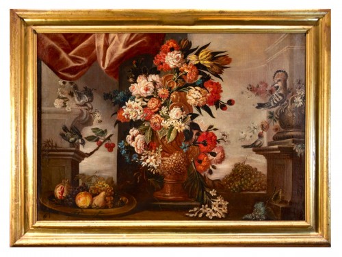 Nature morte aux fleurs, fruits et oiseaux - École italienne du 17e siècle