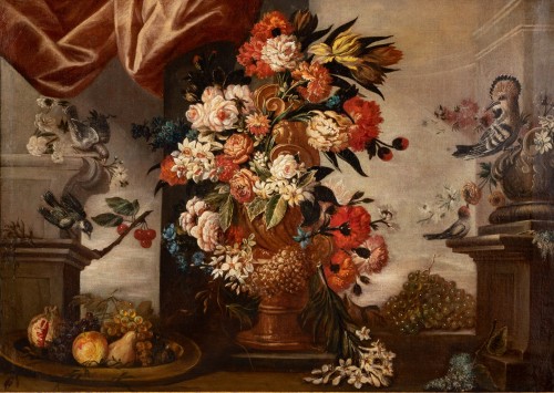 Nature morte aux fleurs, fruits et oiseaux - École italienne du 17e siècle - Tableaux et dessins Style Louis XIV