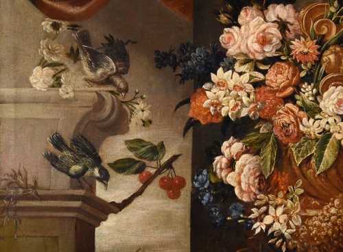 Nature morte aux fleurs, fruits et oiseaux - École italienne du 17e siècle - Antichità Castelbarco