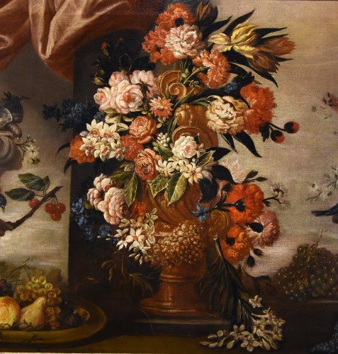 XVIIe siècle - Nature morte aux fleurs, fruits et oiseaux - École italienne du 17e siècle
