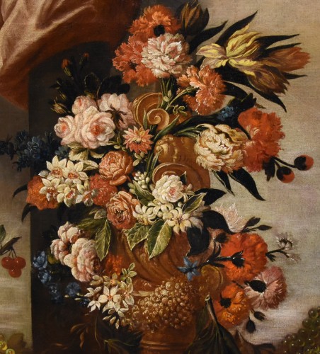 Nature morte aux fleurs, fruits et oiseaux - École italienne du 17e siècle - Louis XIV