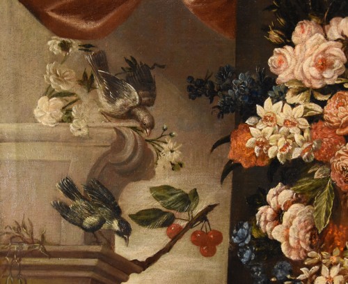 Louis XIV - Nature morte aux fleurs, fruits et oiseaux - École italienne du 17e siècle
