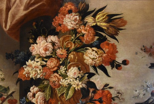 Antiquités - Nature morte aux fleurs, fruits et oiseaux - École italienne du 17e siècle