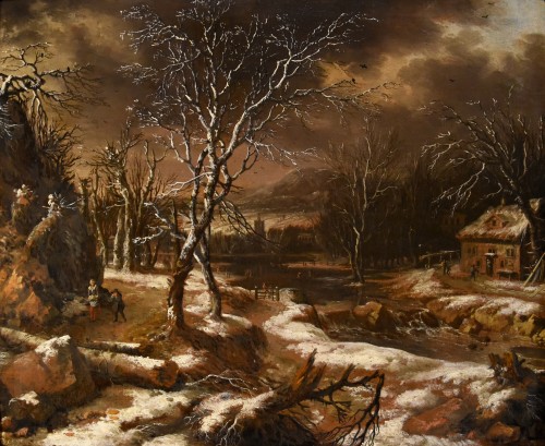 Paysage d'hiver avec des voyageurs - Nicolaes Molenaer (1630 - 1676) - Tableaux et dessins Style Louis XIV