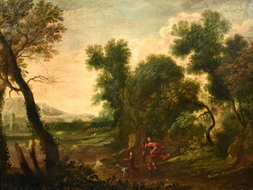 Paysage boisé de la campagne romaine, école italienne du 17e siècle - Tableaux et dessins Style Louis XIV