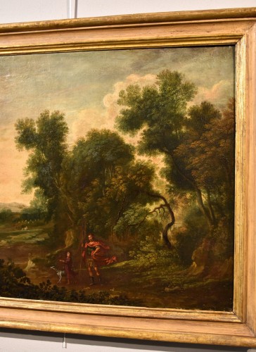 XVIIe siècle - Paysage boisé de la campagne romaine, école italienne du 17e siècle