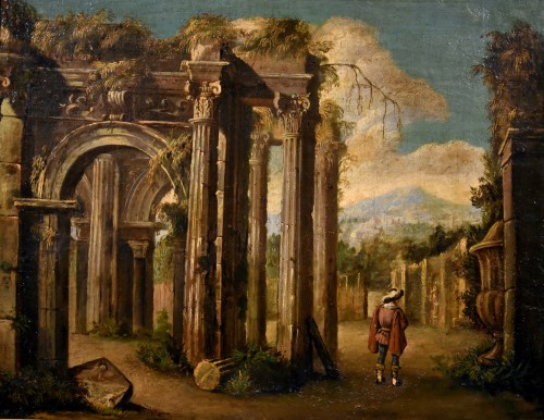 XVIIIe siècle - Paire de caprices architecturaux, école romaine fin XVIIe début XVIIIe siècle