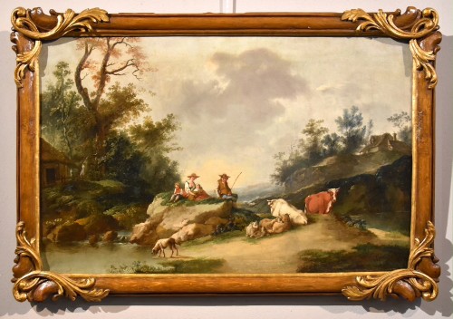 Paysage avec rivière et bergers- École kitalienne du 18e siècle, cercle de Francesco Zuccarelli (1702 - 1788) - Tableaux et dessins Style Louis XIV