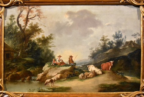 Tableaux et dessins Tableaux XVIIIe siècle - Paysage avec rivière et bergers- École kitalienne du 18e siècle, cercle de Francesco Zuccarelli (1702 - 1788)