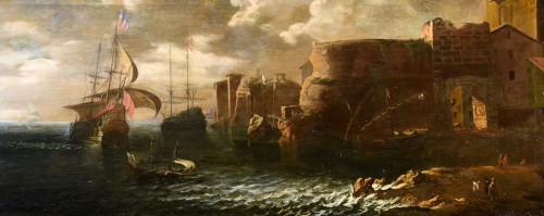 Vue côtière avec bateaux et personnages, atelier de  Francesco Antoniani (1700-1775) - Tableaux et dessins Style Louis XIV