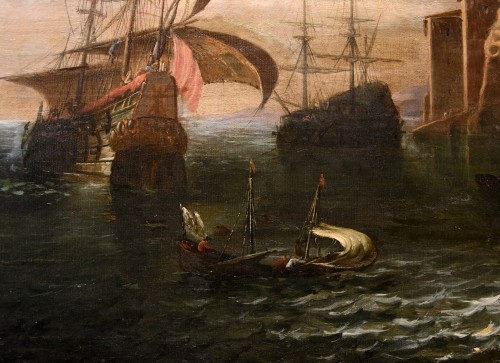 Vue côtière avec bateaux et personnages, atelier de  Francesco Antoniani (1700-1775) - Antichità Castelbarco