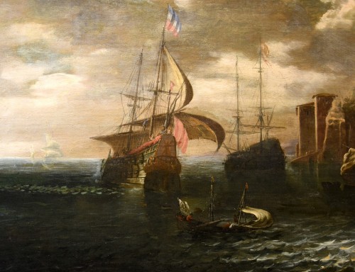 XVIIIe siècle - Vue côtière avec bateaux et personnages, atelier de  Francesco Antoniani (1700-1775)