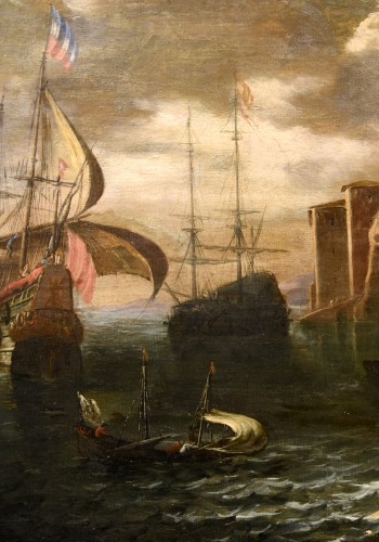 Antiquités - Vue côtière avec bateaux et personnages, atelier de  Francesco Antoniani (1700-1775)