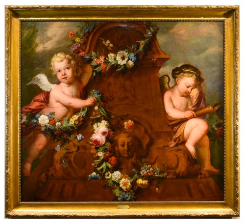 Couple de Cupidons avec guirlande de fleurs - École hollandaise du 18e siècle