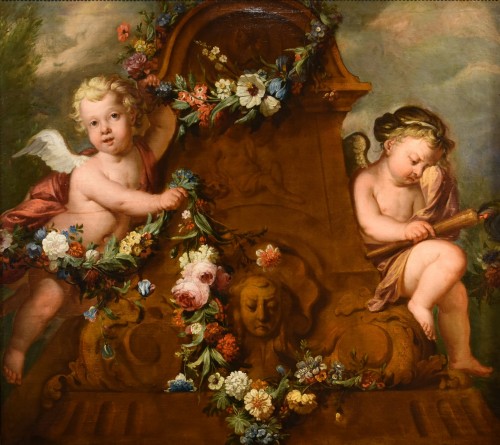 Couple de Cupidons avec guirlande de fleurs - École hollandaise du 18e siècle - Tableaux et dessins Style Louis XIV