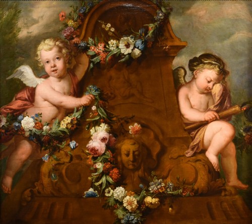 Pair Of Cupids With Garland Of Flowers - Duch school of the 18th century - Paintings & Drawings Style Louis XIV