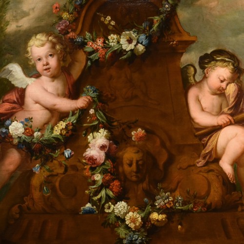 Paintings & Drawings  - Pair Of Cupids With Garland Of Flowers - Duch school of the 18th century