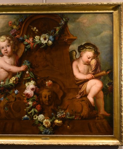 Couple de Cupidons avec guirlande de fleurs - École hollandaise du 18e siècle - Antichità Castelbarco