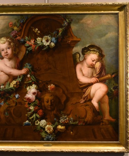 Pair Of Cupids With Garland Of Flowers - Duch school of the 18th century - 