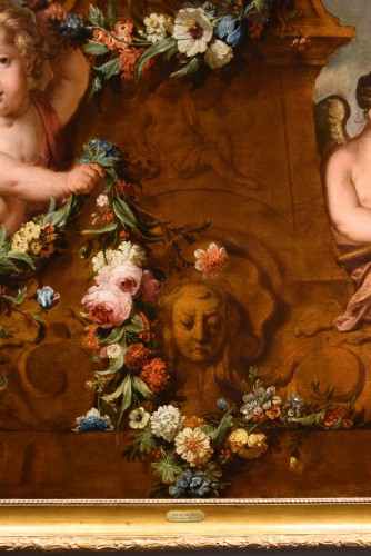 XVIIIe siècle - Couple de Cupidons avec guirlande de fleurs - École hollandaise du 18e siècle
