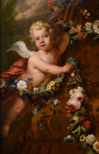 Pair Of Cupids With Garland Of Flowers - Duch school of the 18th century - Louis XIV