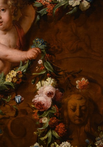 Antiquités - Couple de Cupidons avec guirlande de fleurs - École hollandaise du 18e siècle