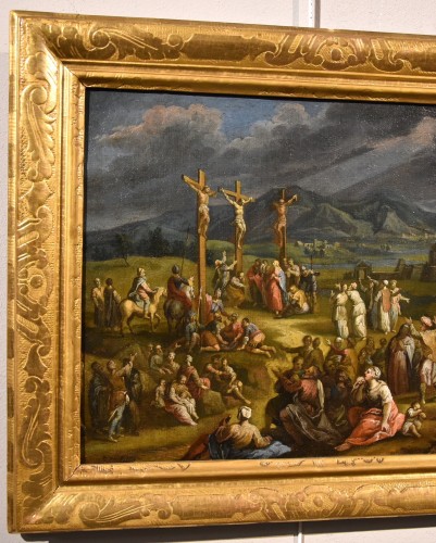 Tableaux et dessins Tableaux XVIIe siècle - Paysage fantastique avec la crucifixion du Christ, Scipione Compagno (1624 - 1680)