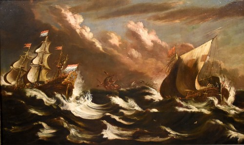 Marine orageuse avec des navires -  Matthieu Van Plattenberg (Anvers 1608 - Paris 1660) - Tableaux et dessins Style Louis XIV