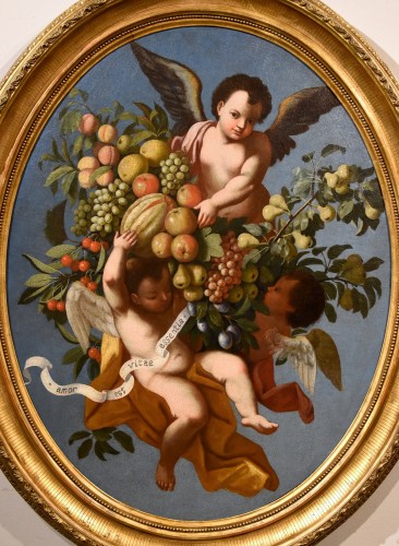 Three Angels Holding A Composition Of Fruits, Luigi Garzi (1638 - 1721) - Paintings & Drawings Style Louis XIV