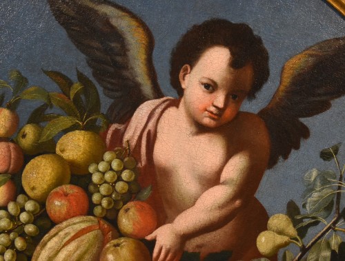 Tableaux et dessins Tableaux XVIIe siècle - Trois anges tenant une composition de fruits, Luigi Garzi (1638 - 1721)