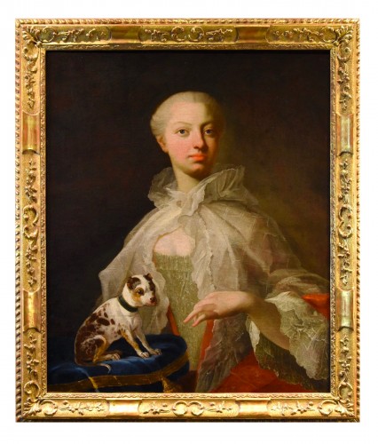 Portrait d'une noble avec son petit chien, France 18e siècle