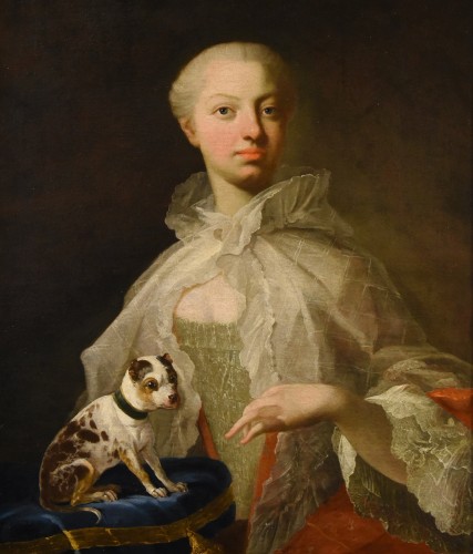 Portrait d'une noble avec son petit chien, France 18e siècle - Tableaux et dessins Style Louis XV
