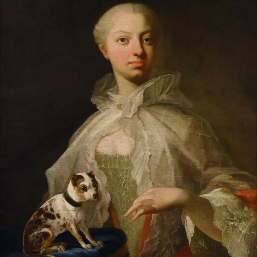 Tableaux et dessins Tableaux XVIIIe siècle - Portrait d'une noble avec son petit chien, France 18e siècle