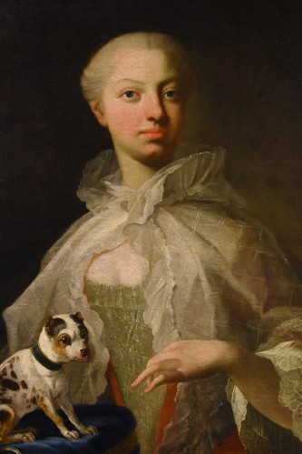 Portrait d'une noble avec son petit chien, France 18e siècle - Antichità Castelbarco