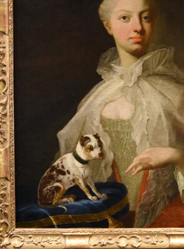 XVIIIe siècle - Portrait d'une noble avec son petit chien, France 18e siècle