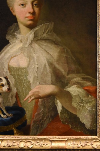 Portrait d'une noble avec son petit chien, France 18e siècle - Louis XV