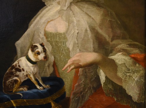 Louis XV - Portrait d'une noble avec son petit chien, France 18e siècle