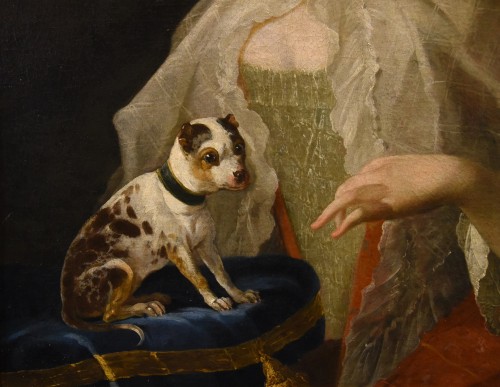 Antiquités - Portrait d'une noble avec son petit chien, France 18e siècle