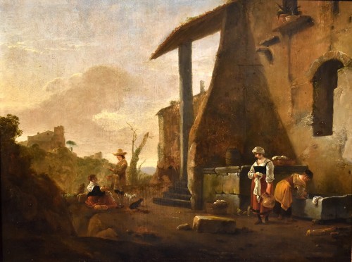 Thomas Wijck (1616 - 1677), Paysage romain avec lavandières