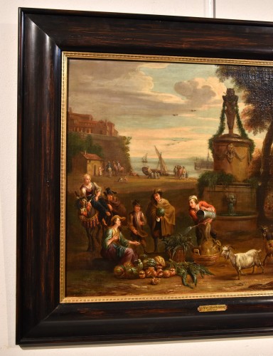 Tableaux et dessins Tableaux XVIIe siècle - Alexander Van Bredael (anvers 1663 - 1720), Paysage côtier italien avec scène de marché