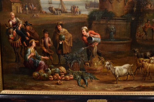 Antiquités - Alexander Van Bredael (anvers 1663 - 1720), Paysage côtier italien avec scène de marché