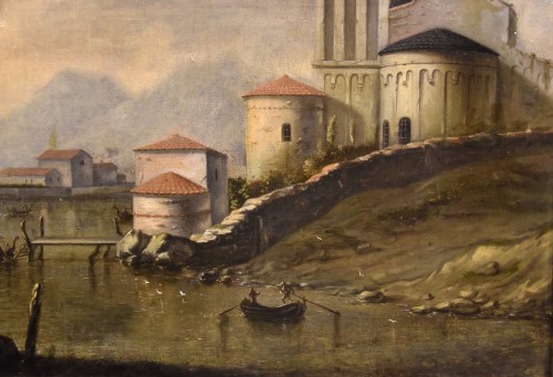 Antiquités - Paysage côtier de la Méditerranée, Peintre Flamand actif en Italie au XVIIIe siècle