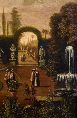 Antiquités - Italian Garden With Water Features In A Villa, Flemish painter active in Rome in the 17th-18th centuries