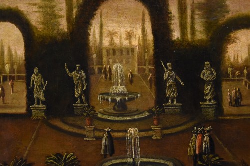 Antiquités - Italian Garden With Water Features In A Villa, Flemish painter active in Rome in the 17th-18th centuries