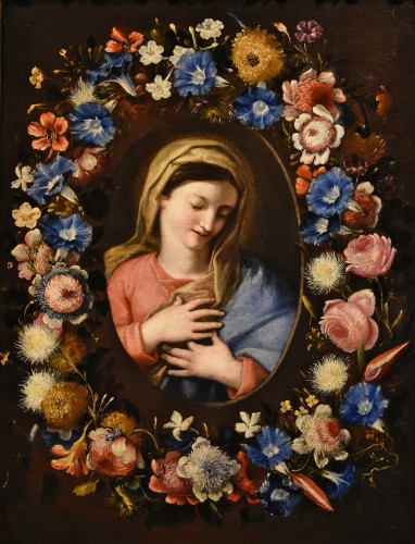Guirlande de fleurs avec un portrait de la Vierge, École italienne du 17e siècle