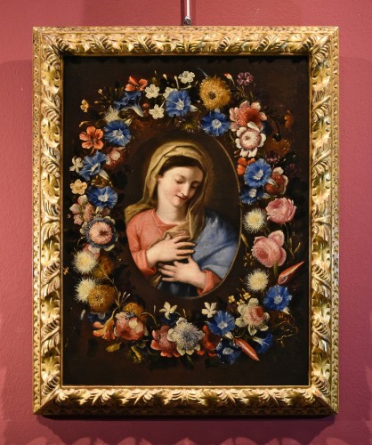Guirlande de fleurs avec un portrait de la Vierge, École italienne du 17e siècle - Tableaux et dessins Style Louis XIV