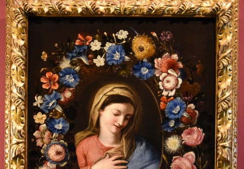 Tableaux et dessins Tableaux XVIIe siècle - Guirlande de fleurs avec un portrait de la Vierge, École italienne du 17e siècle