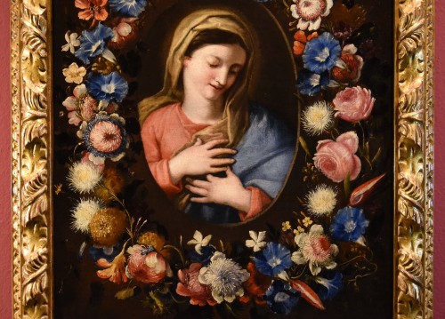 Guirlande de fleurs avec un portrait de la Vierge, École italienne du 17e siècle - Antichità Castelbarco